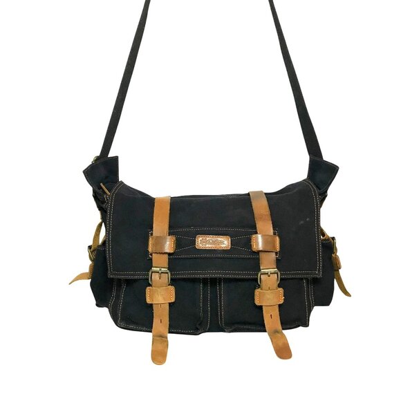 Gearonic Black Canvas Messenger Bag Leather Trim Crossbody Strap - Picture 1 of 9